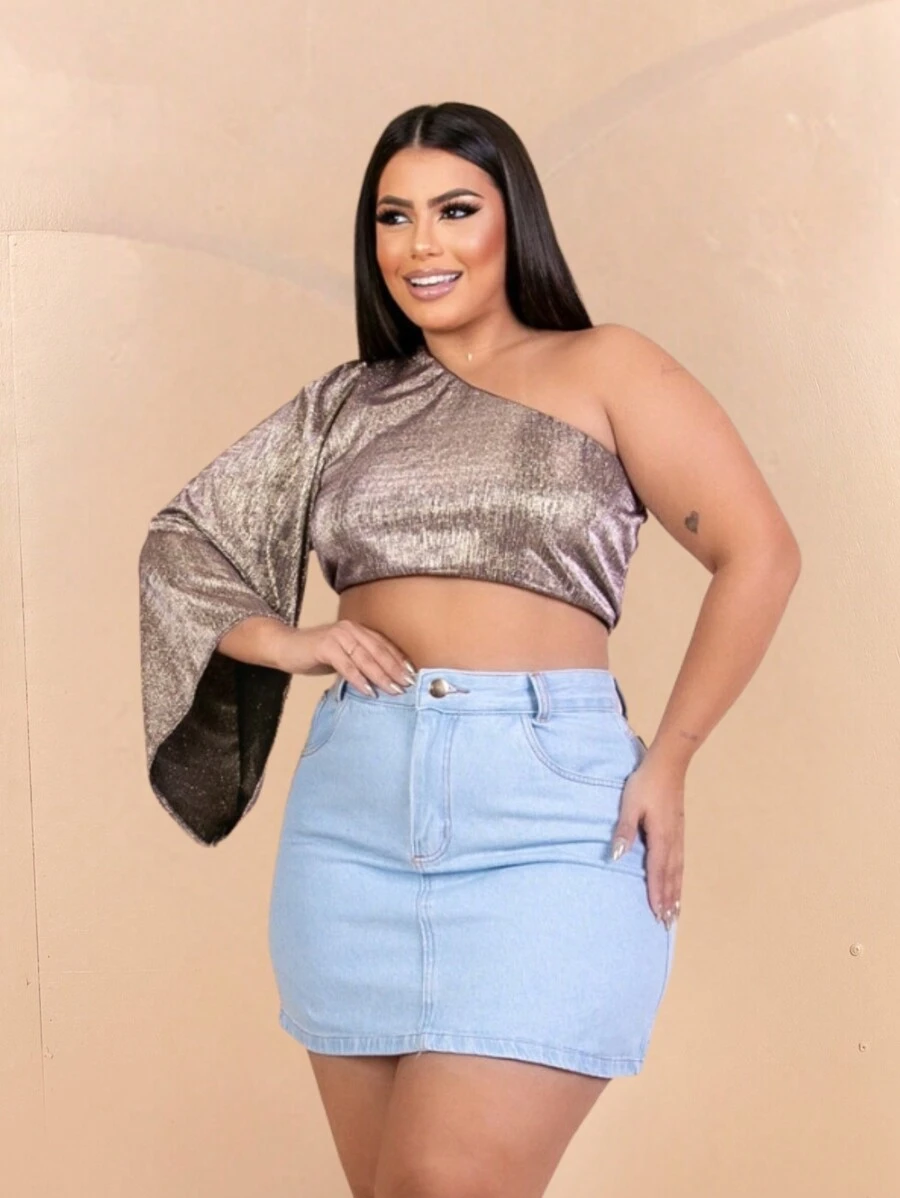Light Denim Skirt Plus Size High Waist Plain Basic Hem - Màu xanh lam - Xem 1