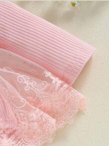 2Pcs Baby Girls Set 3D Flower Bow Long Sleeve Mesh Dress Bodysuit Headband Adorable Ribbed Outfits Sets