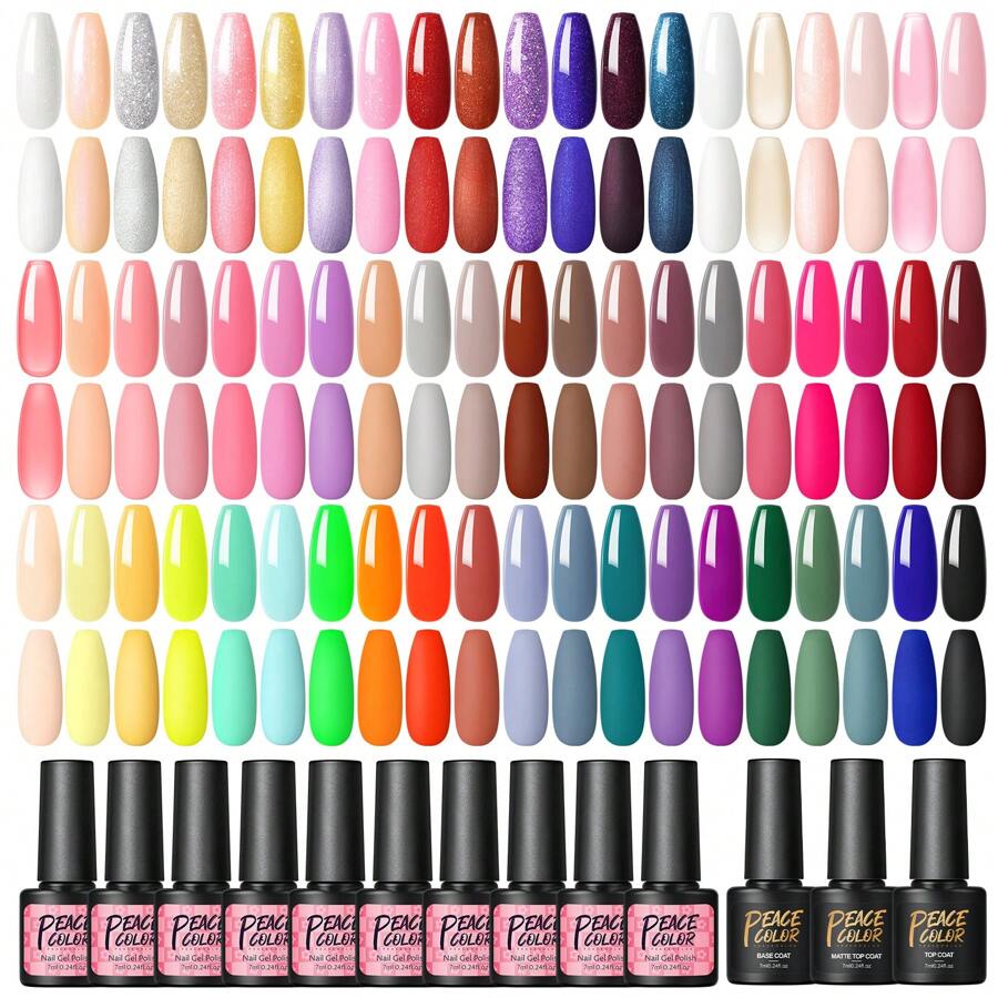 peacecolor Conjunto de 63 peças de esmalte em gel, 60 cores incluindo base fosca, top coat, gel removível, kit de manicure faça você mesma, conjunto de esmalte em gel neon, presente para salão de beleza para mulheres. - Multicolorido - Ver 1