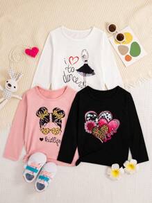 3pcs/Set Girls Valentine's Day Portrait, Letter, & Ballet Dancer Graphic Print Tops - Multicolor - View 1