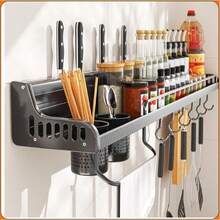 Aluminum Multipurpose Wall Shelf Spice Organizer And Kitchen Utensils For Your New Homes - 黑色 - 查看 3