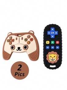 2er Set, Silikon Cartoon Bär Gamecontroller Beißring Spielzeuge, Baby beruhigende Zahnstufen, Löwenmuster Silikon simulierte TV Fernbedienung Lernbeißring Spielzeuge, Unterhaltende Gamecontroller Beißring Spielzeuge, perfekte sensorische Kau-Spielzeuge für 0-3-6-12 Monate Babys