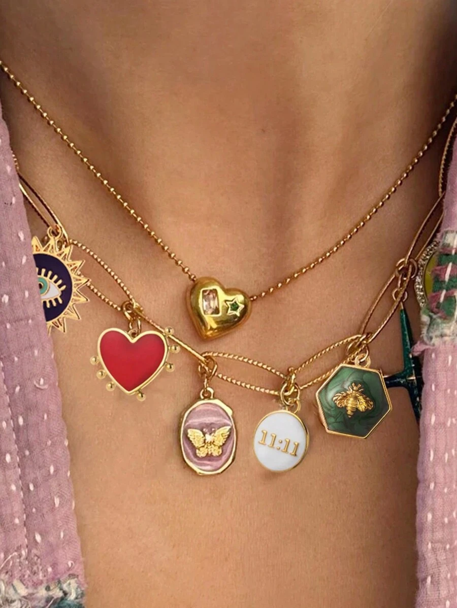 1 件可爱心形花朵邪恶蓝眼项链女式金色波西米亚风太阳星 DIY 吊坠链高品质珠宝 - 彩色 - 查看 1