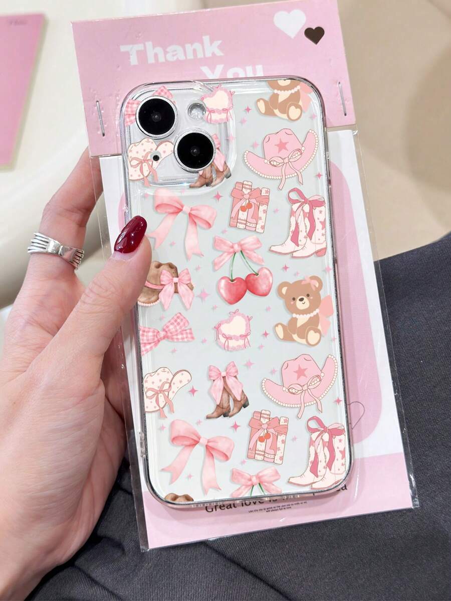 1pc Cute Bow & Bear Pattern Transparent Soft Phone Case Compatible With Iphone 11/12/13/14/15 Pro Max - Multicolor - View 1