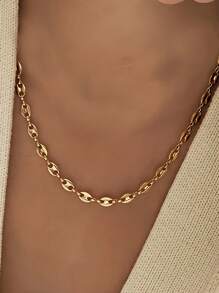 1pc Stainless Steel Coffee Bean Patchwork Hollow Oval Shaped Necklace Chain, Fashionable Minimalist Hip-Hop Style Unisex Sweater Chain For Party, Music Festival