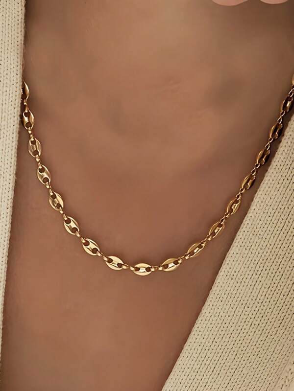 1pc Aço Inoxidável Grão de Café Ligado Oval Oco Colar Corrente, Unissex Minimalista Estilo Hip-Hop Suéter Corrente Para Festival de Música