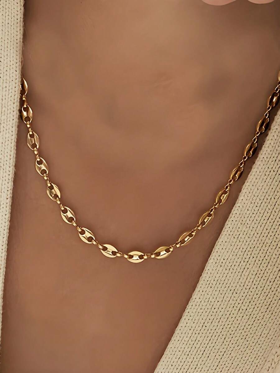 1pc Stainless Steel Coffee Bean Patchwork Hollow Oval Shaped Necklace Chain, Fashionable Minimalist Hip-Hop Style Unisex Sweater Chain For Party, Music Festival