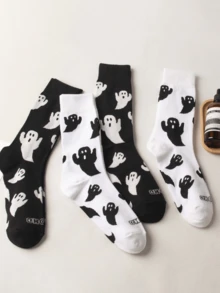 2双万圣节原宿特色情侣袜搞怪角色扮演户外潮流情侣袜鬼魂印花男款/男士中筒袜 - 彩色 - 查看 3