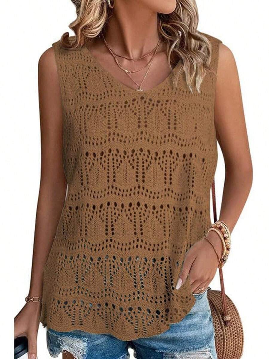 Womens Summer Tank Top For Women 2024 V Neck Crochet Sleeveless Shirts Sweater Vest - 棕色 - 查看 1