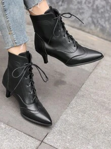 Black Pointed Toe Lace-Up Short Boots With Kitten Heels For Women