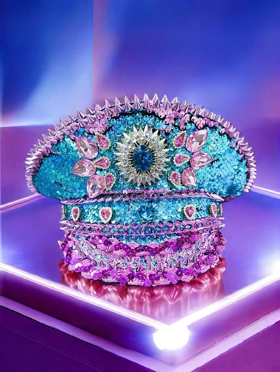 HongLuan Sparkling Blue Rhinestone Steampunk Captain Hat | Military Style Party Hat For Music Festivals, Burning Man, Parades & Raves | Glittering Festival Accessory For Summer Events & Costume Parties - Mardi Gras hat - View 1