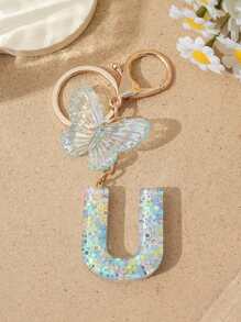 1pc Creative Keychain With Letter Stone Resin Pendant, Butterfly Tassel Letter Charm Keyring For Girls - White - View 35