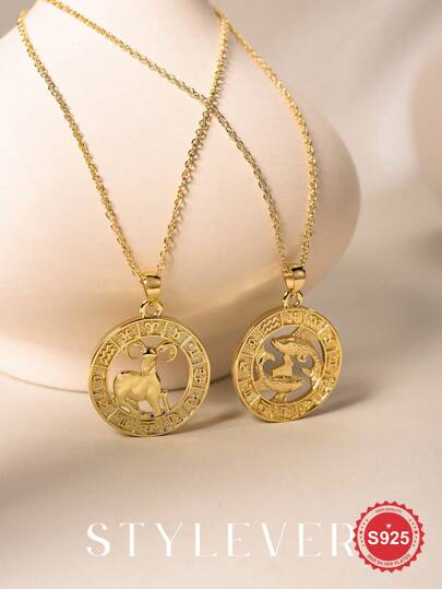 STYLEVER 14K Gold Plated 1pc 12 Constellations Pendant Necklace, IN Style Women's And Men's Simple Constellation Round Shaped Collarbone Chain Necklace, High Quality Gift