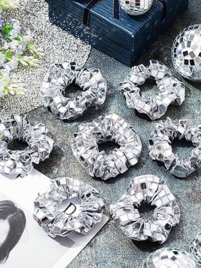 7pcs/5pcs-Sequin Hair Scrunchies - Metallic Silver Ponytail Holders, Retro 70s 80s 90s Disco Party Favors For Bridal Shower, Bachelorette, Birthday Wedding Gifts, Decorations, Party Decorations,Disco Ball Favors Hair Accessories For Party