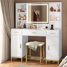 White Makeup Vanity With Lights, Vanity Desk With Mirror And Lights, 45.2" Large Vanity Set With Charging Station, White Vanity Table With Big Glass Desk & Hidden And Open Storage For Wome - White - View 1