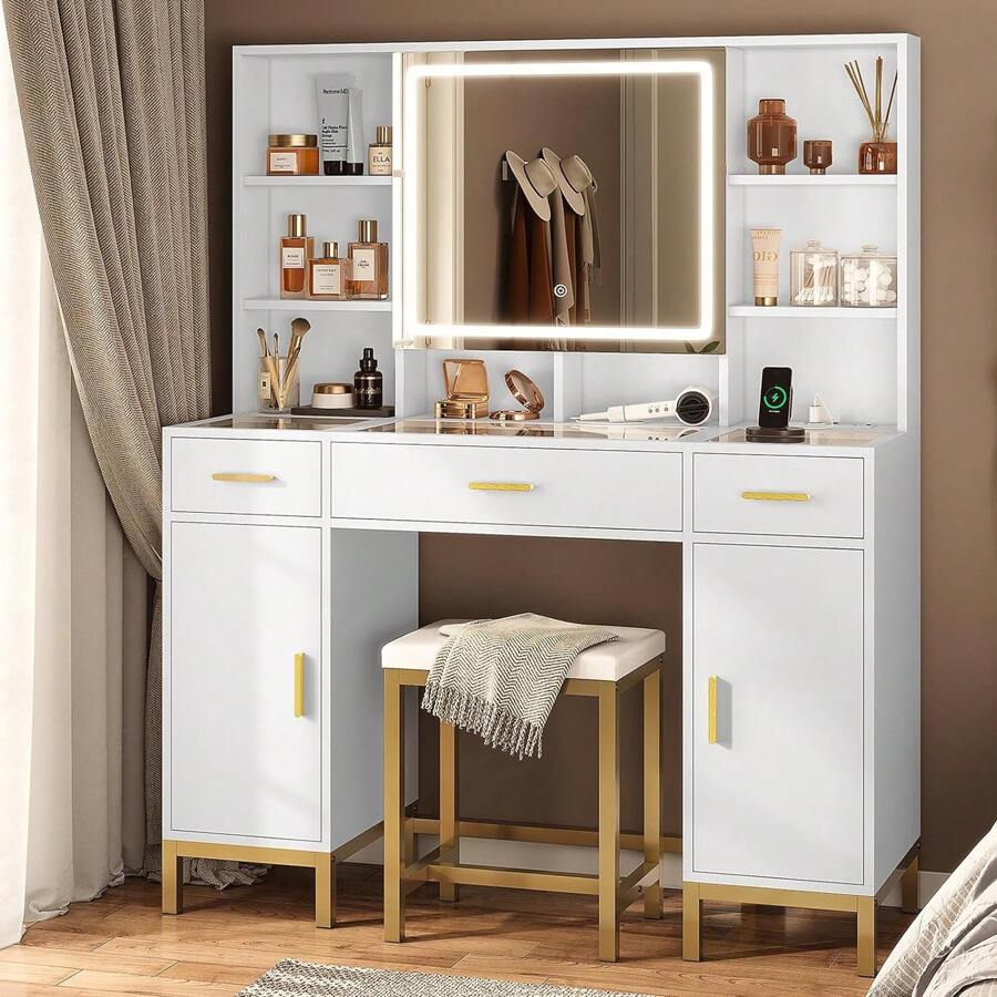 White Makeup Vanity With Lights, Vanity Desk With Mirror And Lights, 45.2" Large Vanity Set With Charging Station, White Vanity Table With Big Glass Desk & Hidden And Open Storage For Wome - White - View 1