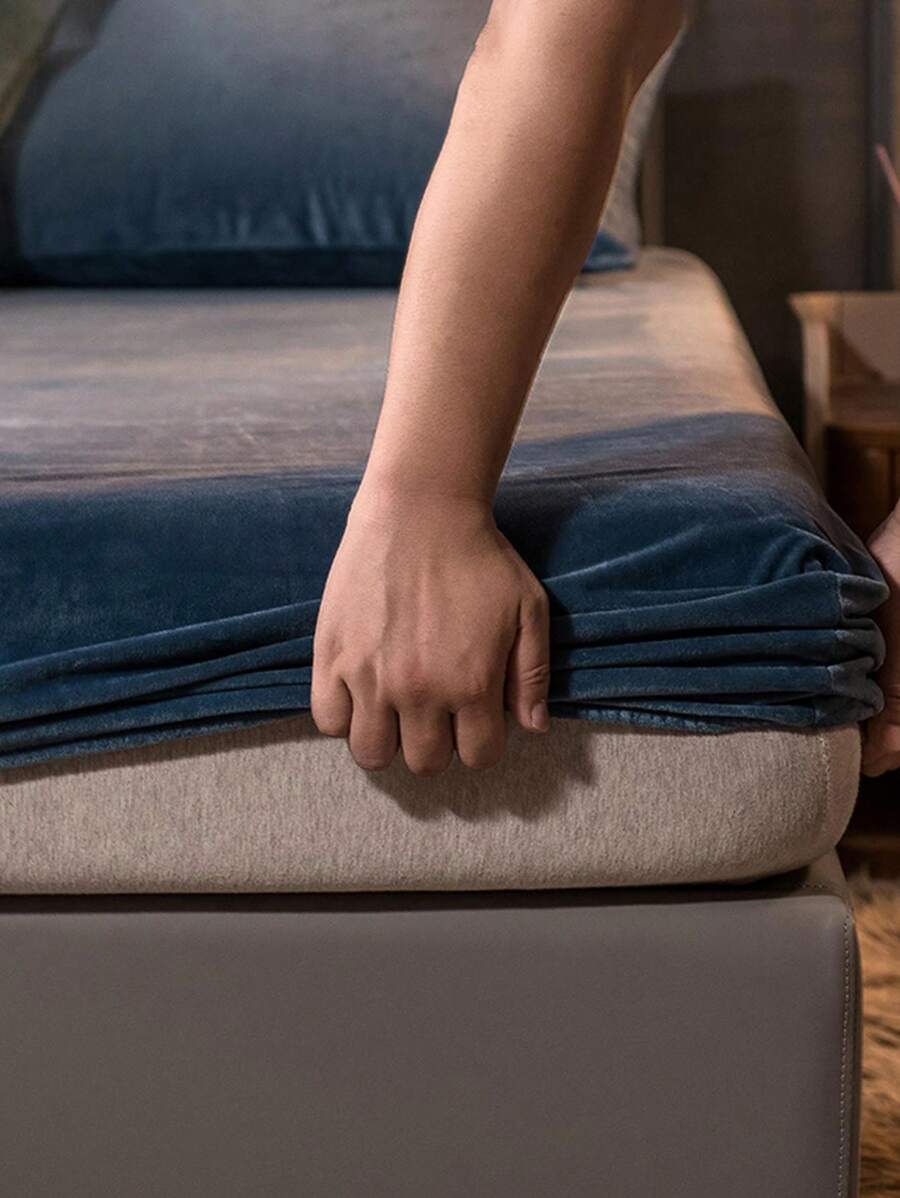 3 件套海军蓝色纯水晶天鹅绒柔软舒适床单套装，适用于卧室和客房 - 藏蓝色 - 查看 1