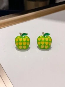 1 对黄色和绿色对比心形苹果形彩色耳环，适合日常女士首饰 - 蘋果 - 查看 1