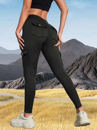 Sommer Workout Damen Outdoor Cargo Leggings, Cargo Taschen Po-hebende Skinny Hosen, Workout Kompressionsstrumpfhosen