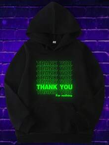 儿童休闲连帽运动衫，带袋鼠口袋，柔软舒适，夜光字母印花，经典版型，适合 12 岁及以下男孩，适合户外和日常穿着 - 黑色 - 查看 4