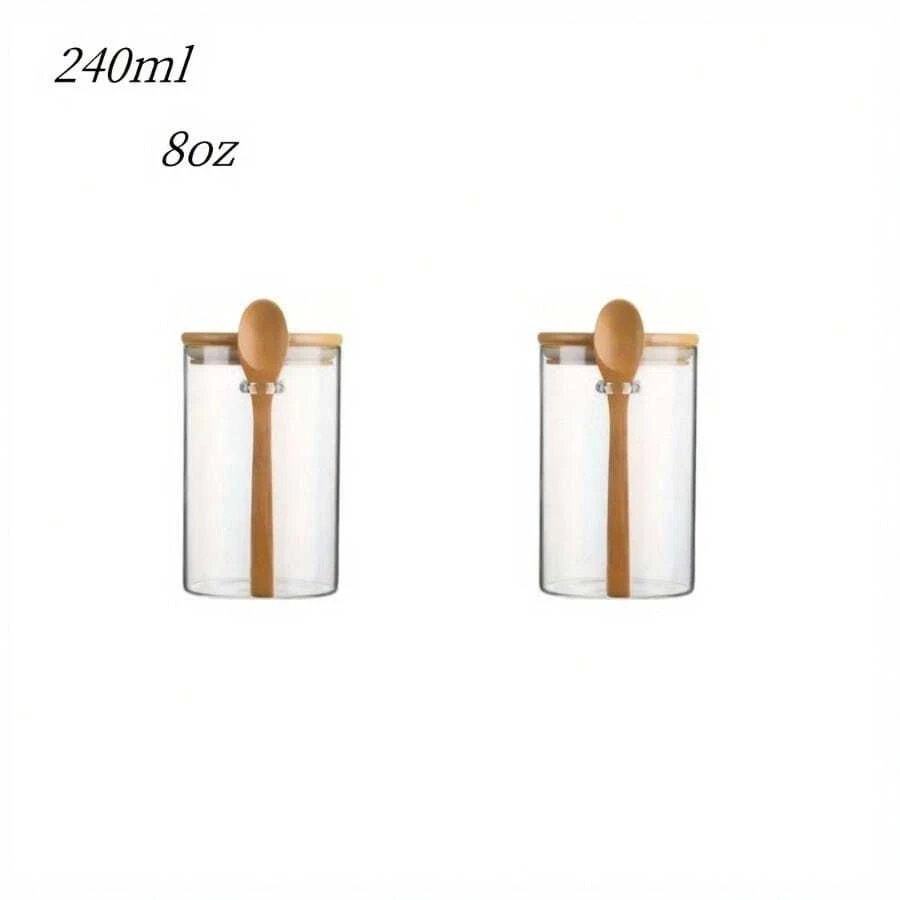 3/4/8 tarros de vidrio con tapas selladas, tarros de caramelos con cucharas, recipientes de almacenamiento de alimentos con tapas de bambú, tarros transparentes, para té, café, especias, dulces, utensilios de cocina, accesorios de cocina, artículos para fiestas - 3 tarros de condimentos de 8 oz. - Ver 1