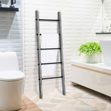 59 Inch Gray Washed Wood Bathroom Towel Rack, 5 Tier Wall Leaning Towel Ladder Storage Blanket Holder
