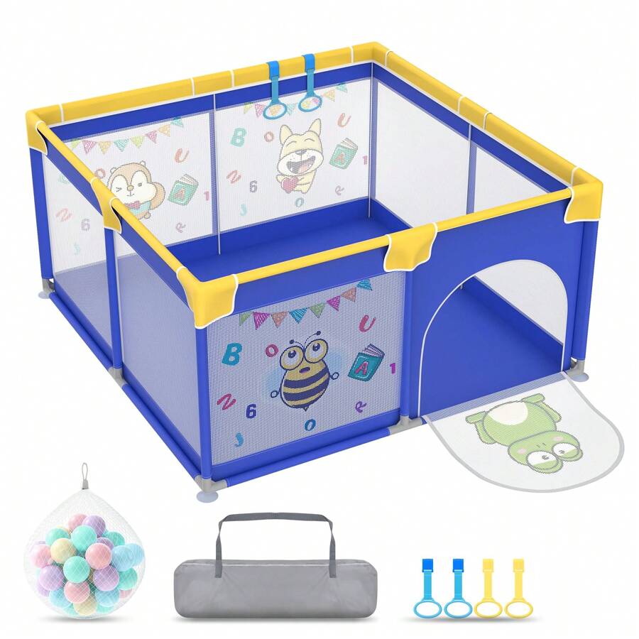 VA-Cerulean Baby Playpen, 127x127x68cm / 150x180x68cm / 180x200x68cm, Blue Animal, Playpen Foldable Children's Playpen Baby Playpen With Ocean Balls, Training Bracelet, Breathable Net & Handbag - Blue Animal - 127x127x68cm - View 1