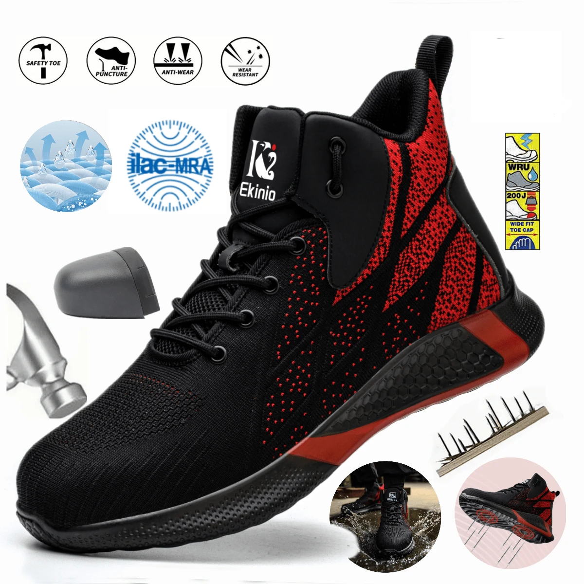 Botas De Seguridad Industrial Para Trabajo Ligero Elegante, Zapatos de seguridad para hombre y mujer, botas de senderismo, zapatillas de trabajo, puntera de acero, zapatos de trabajo ligeros - Rojo - Ver 1