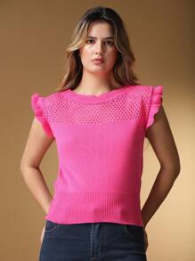 Women's Cropped Sleeveless Knitted Blouse With Ruffles And Round Neck - 粉色 - 查看 1