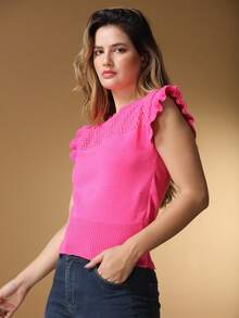 Women's Cropped Sleeveless Knitted Blouse With Ruffles And Round Neck - 粉色 - 查看 3