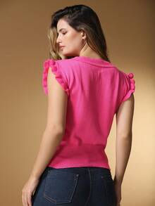 Women's Cropped Sleeveless Knitted Blouse With Ruffles And Round Neck - 粉色 - 查看 4