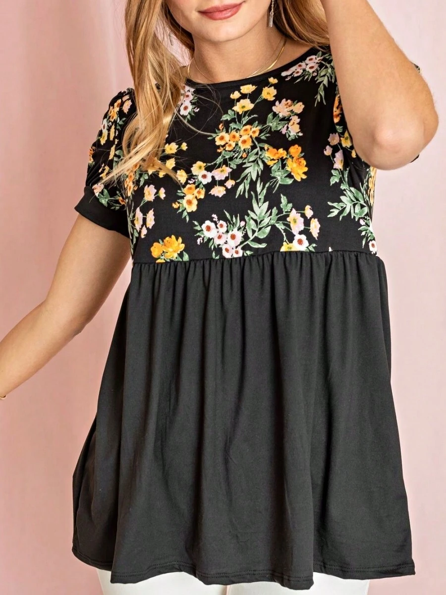 Boho Retro Baby Doll Ivory Navy Blue Floral Color Block Tunic Top Shirt - màu đen - Xem 1