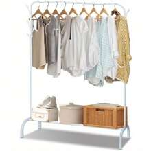 Clothes Rail, Metal Heavy Duty Garment Hanging Rack With Storage Shelf, Store Boxes Shoes Coats Clothing And Bags - White - View 1