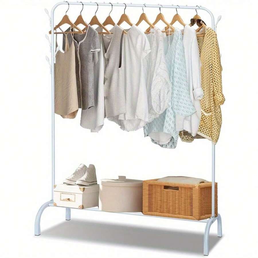 Clothes Rail, Metal Heavy Duty Garment Hanging Rack With Storage Shelf, Store Boxes Shoes Coats Clothing And Bags - White - View 1