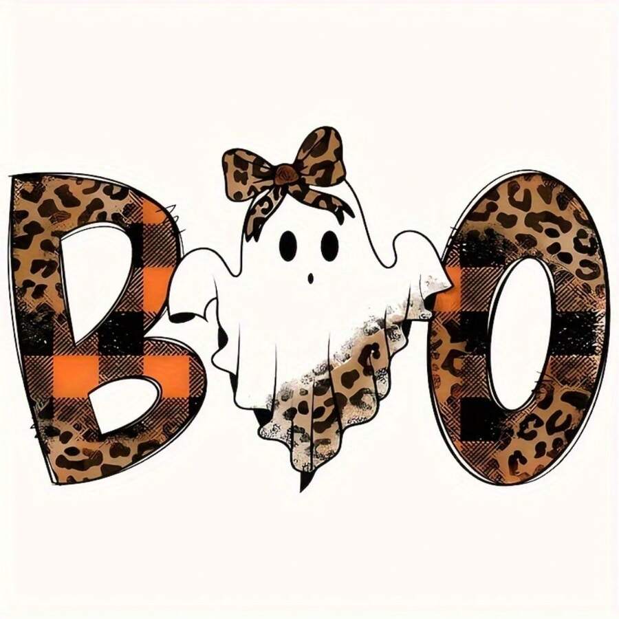 Miếng dán Halloween Ghost "SHH" có họa tiết da báo, miếng dán phim vinyl truyền nhiệt cho áo phông, áo hoodie, túi đựng đồ trang điểm và túi vải - Hình in theo chủ đề ngày lễ - Nhiều màu - Xem 1