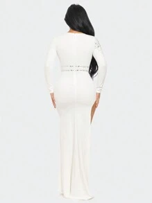 Spring & Summer Elegant Rhinestone Cut-Out Long Sleeve Bodycon Dress - High Slit Maxi Gown With Mesh Details For Evening Parties, Weddings & Special Events - 白色 - 查看 4