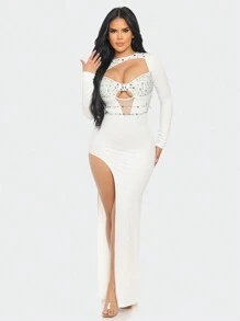 Spring & Summer Elegant Rhinestone Cut-Out Long Sleeve Bodycon Dress - High Slit Maxi Gown With Mesh Details For Evening Parties, Weddings & Special Events - 白色 - 查看 1