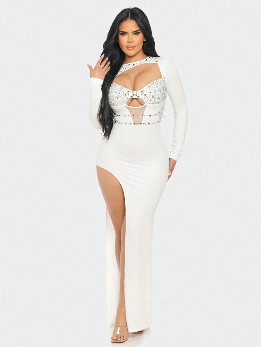 Spring & Summer Elegant Rhinestone Cut-Out Long Sleeve Bodycon Dress - High Slit Maxi Gown With Mesh Details For Evening Parties, Weddings & Special Events - 白色 - 查看 1