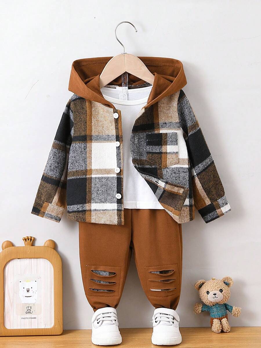 Young Boy Plaid Print Hooded Shirt & Ripped Pants Without Tee - Brown - View 1
