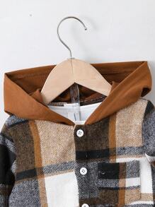 Young Boy Plaid Print Hooded Shirt & Ripped Pants Without Tee - Brown - View 3