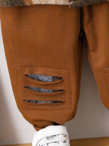 Young Boy Plaid Print Hooded Shirt & Ripped Pants Without Tee - Brown - View 7