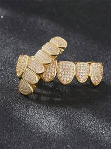 1pc/2pcs Hip-Hop 18K Gold Plated Teeth Grills Inlaid With Shiny Zirconia Grillz Teeth Braces Halloween And Party Daily Wear Unisex