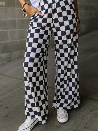 Women's Checkered Print High Waist Pocket Wide Leg Casual Pants