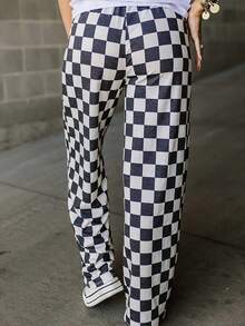女式格纹印花高腰口袋阔腿休闲裤 - 黑與白 - 查看 2