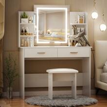 VOWNER Makeup Vanity Desk With Outlet, LED Lighted Mirror Brightness & Color Adjustable, 4 Shelves, 2 Drawers And Stool, For Girls Women - 白色 - 查看 6