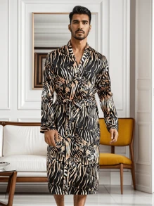 QING ROU Men's 2-Piece Tiger Print Robe Set, Luxury Ice Silk Pajamas, Loungewear For Men, Soft Bathrobe And Shorts, Gift For Him - 彩色 - 查看 4