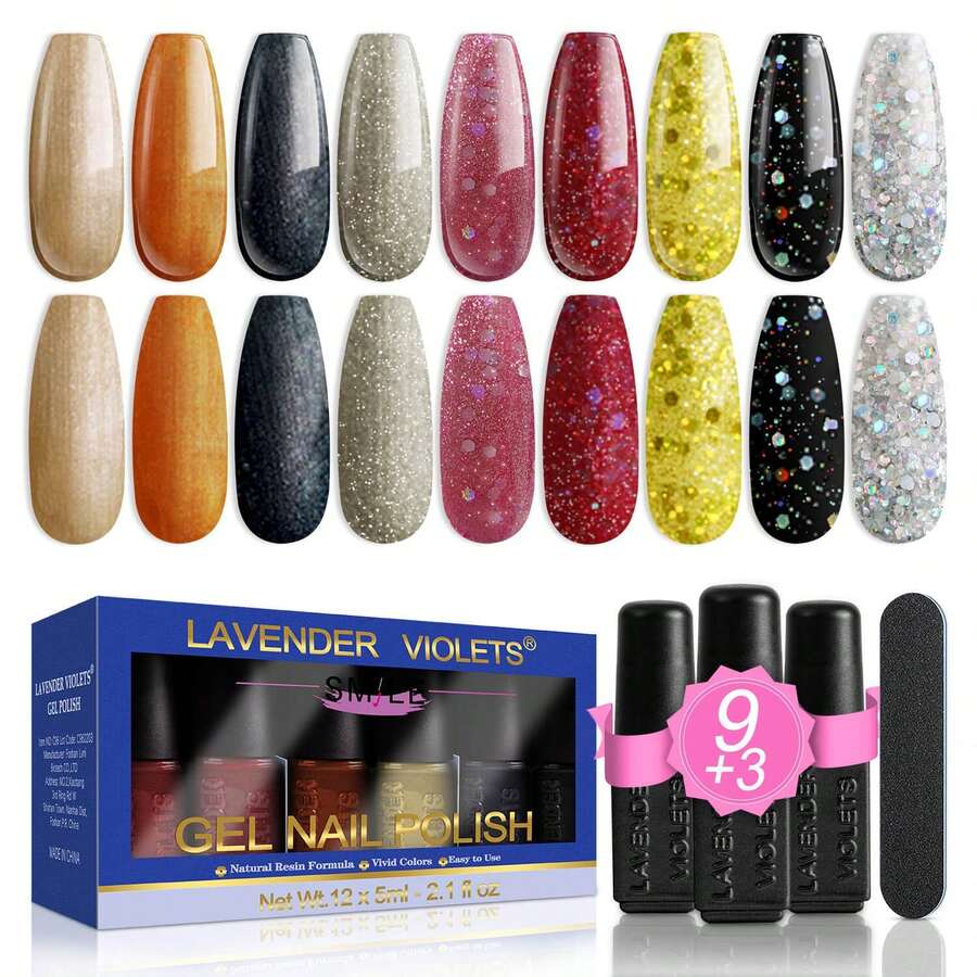 Lavender Violets Gel-Nagellack-Set 13 Pcs glitzernde Farben Halloween Orange Gloden Night Band LED Soak-Off mit Basislack matt-n No Wipe Top Coat, Nagelfeile UV Gelnägel Maniküre Kit F625