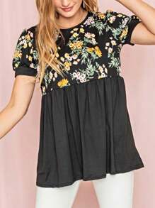 Boho Retro Baby Doll Ivory Navy Blue Floral Color Block Tunic Top Shirt - màu đen - Xem 3