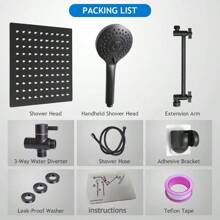 Shower Head, 12 Inch High Pressure Rainfall Shower Head/Handheld Shower Combo With 11 Inch Extension Arm, 9 Settings Adjustable Anti-Leak Shower Head With Holder/Hose, Height/Angle Adjustable - Black - View 7