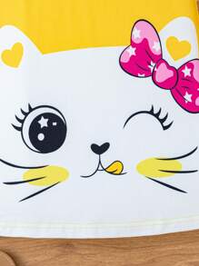 Girls' Cute Cartoon Cat & Bow Print Sleeveless Casual Dress, Valentine's Day - Yellow - View 6